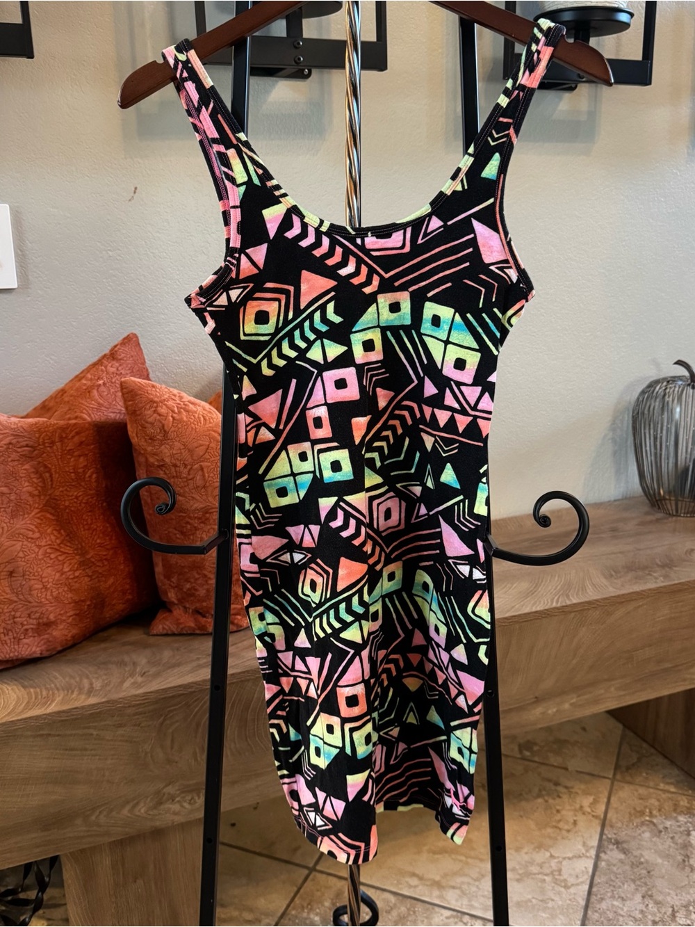 PINK Victoria's Secret Black One-Piece with Neon Geometric Print